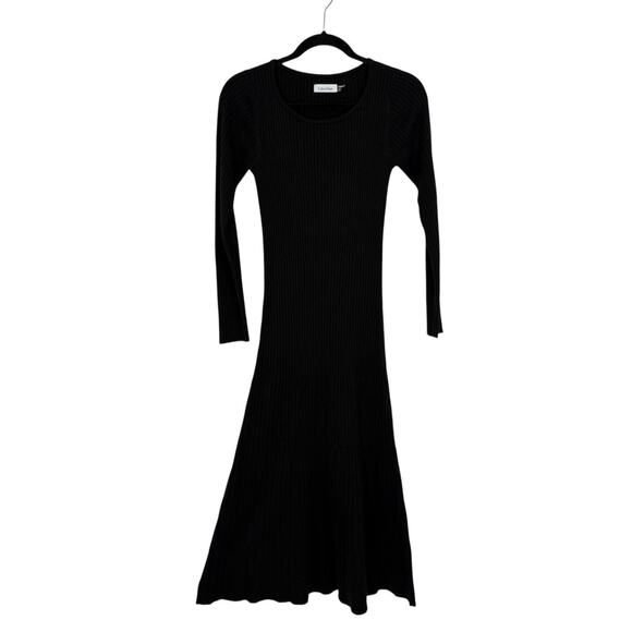 Calvin Klein Ribbed Knit Sweater Maxi Dress size Small Black Long Slv Flare Hem - Picture 1 of 8